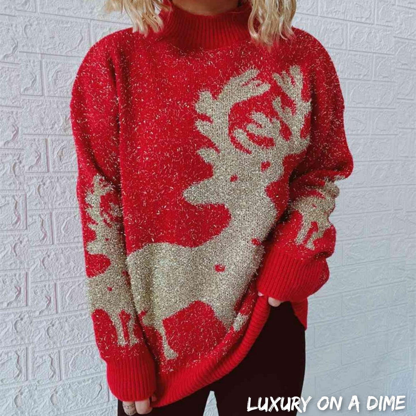 Fuzzy Red Gold Bold Knit Round Neck Classy Holiday Christmas Winter Sweater