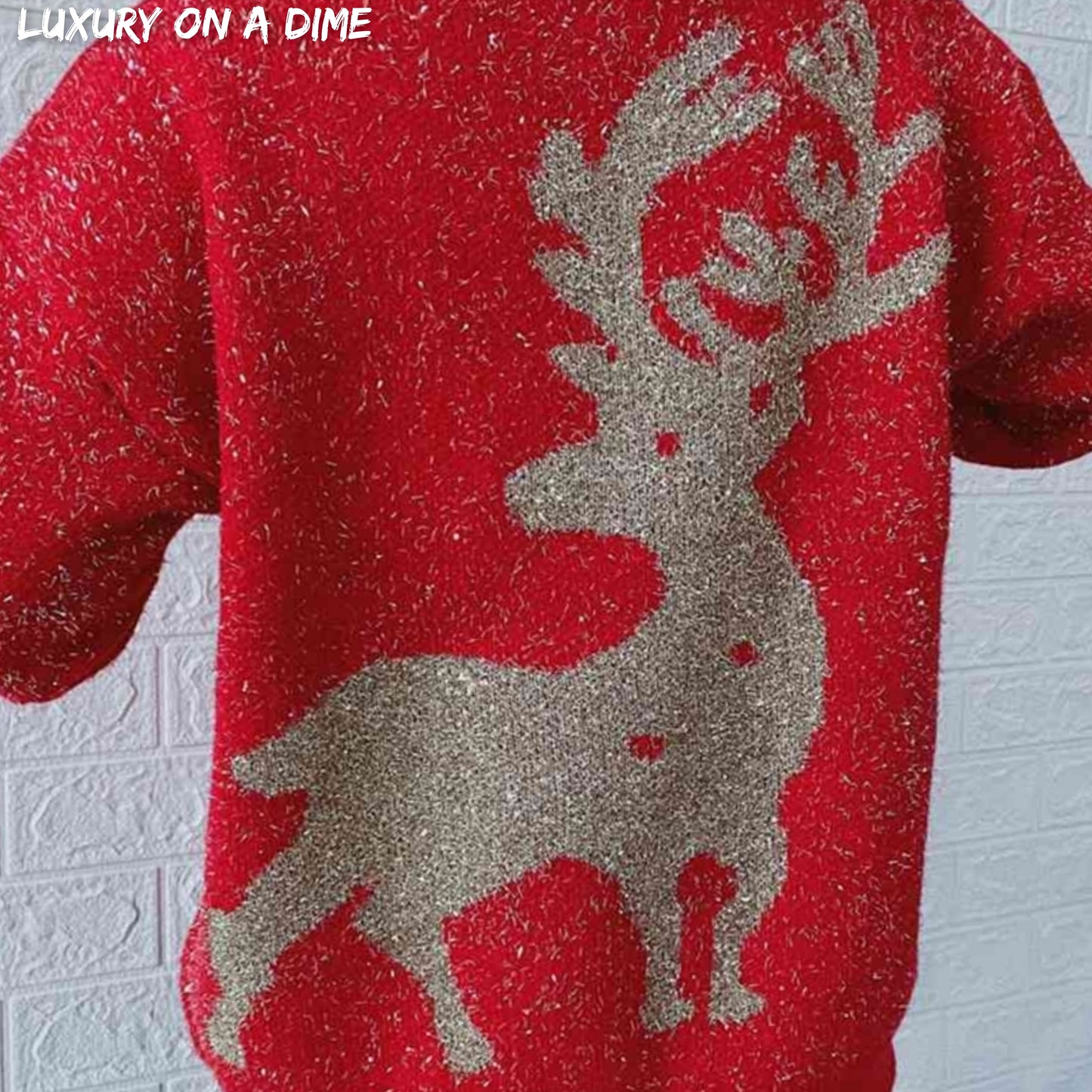 Fuzzy Red Gold Bold Knit Round Neck Classy Holiday Christmas Winter Sweater
