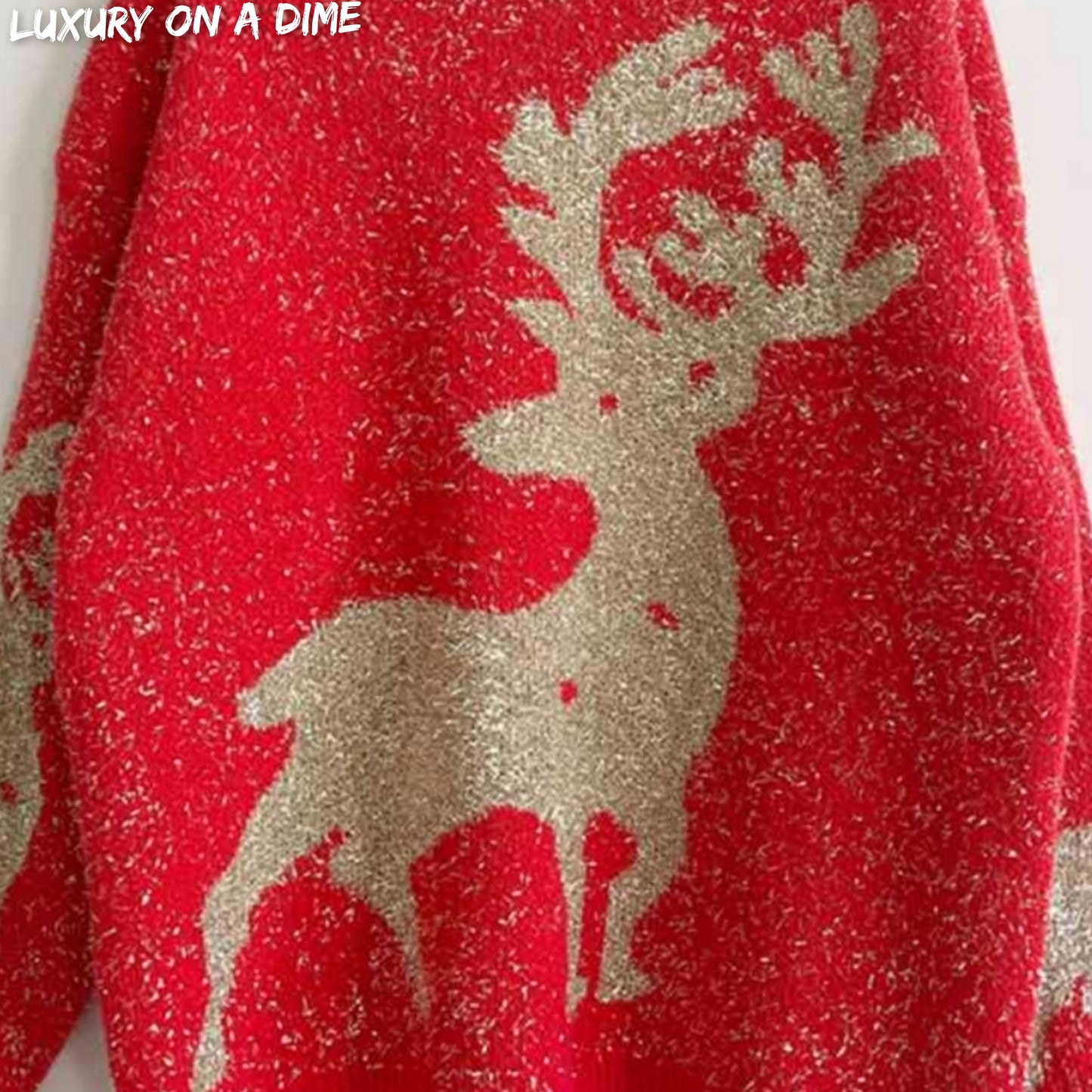 Fuzzy Red Gold Bold Knit Round Neck Classy Holiday Christmas Winter Sweater