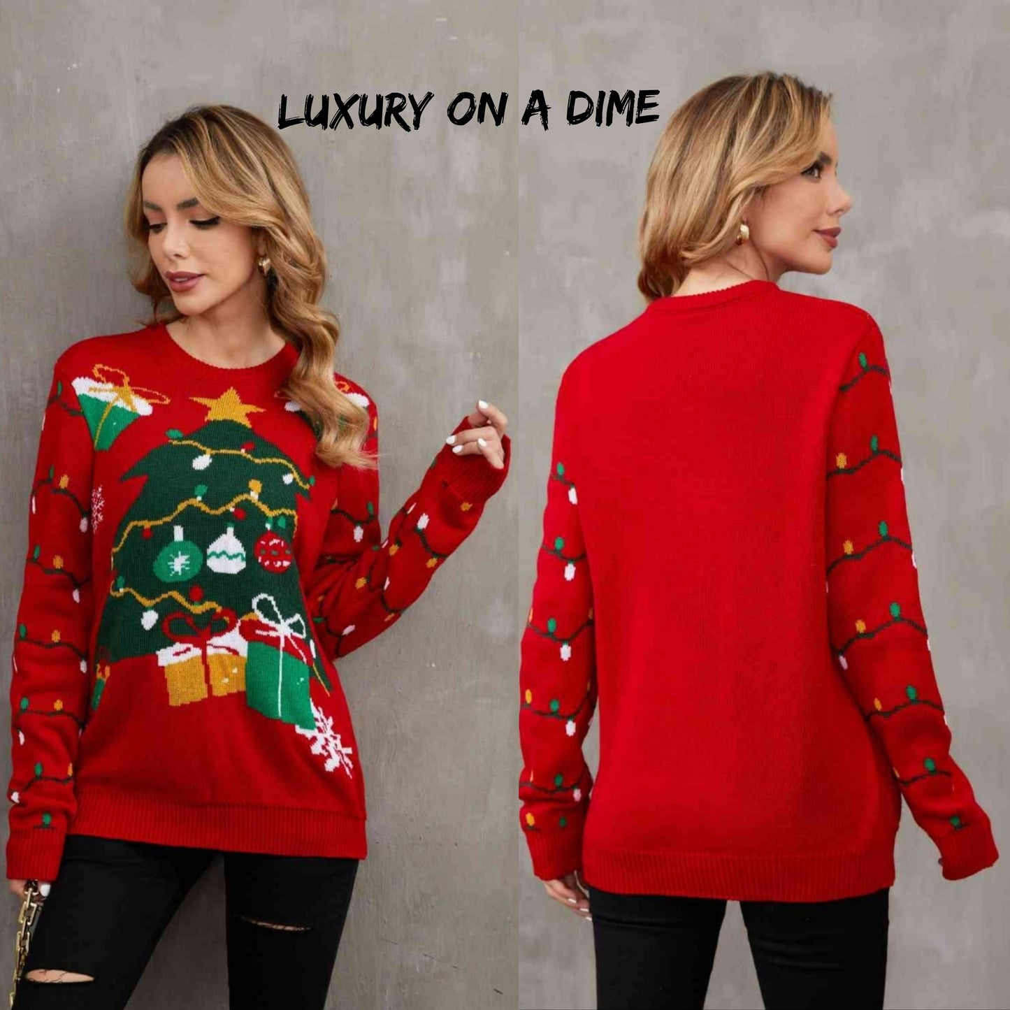 Bold Knit Christmas Tree Lights Round Neck Classy Holiday Winter Sweater