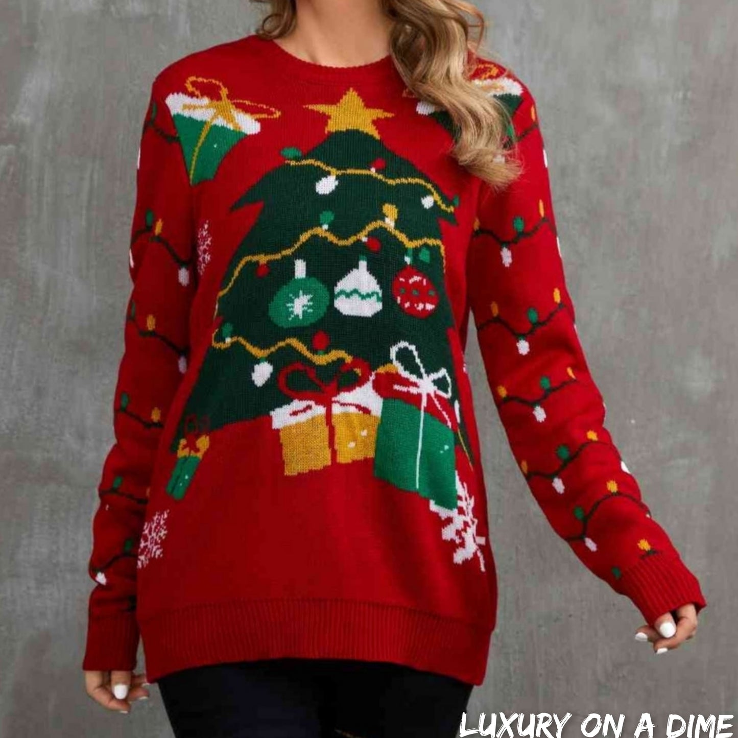 Bold Knit Christmas Tree Lights Round Neck Classy Holiday Winter Sweater