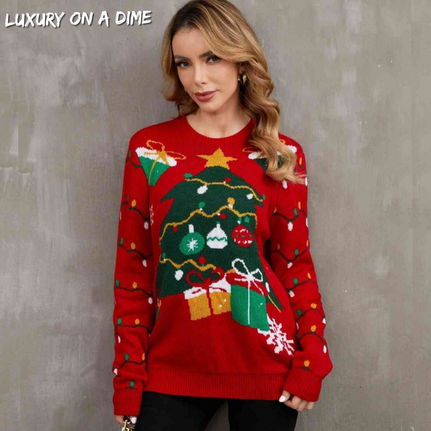 Bold Knit Christmas Tree Lights Round Neck Classy Holiday Winter Sweater