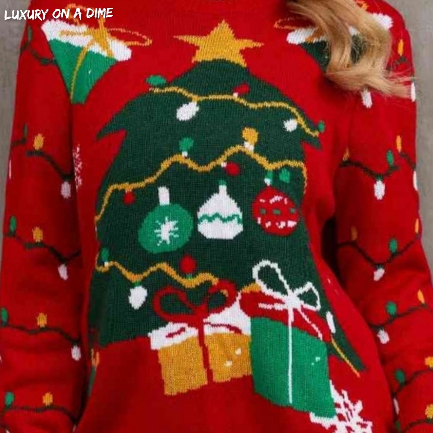 Bold Knit Christmas Tree Lights Round Neck Classy Holiday Winter Sweater