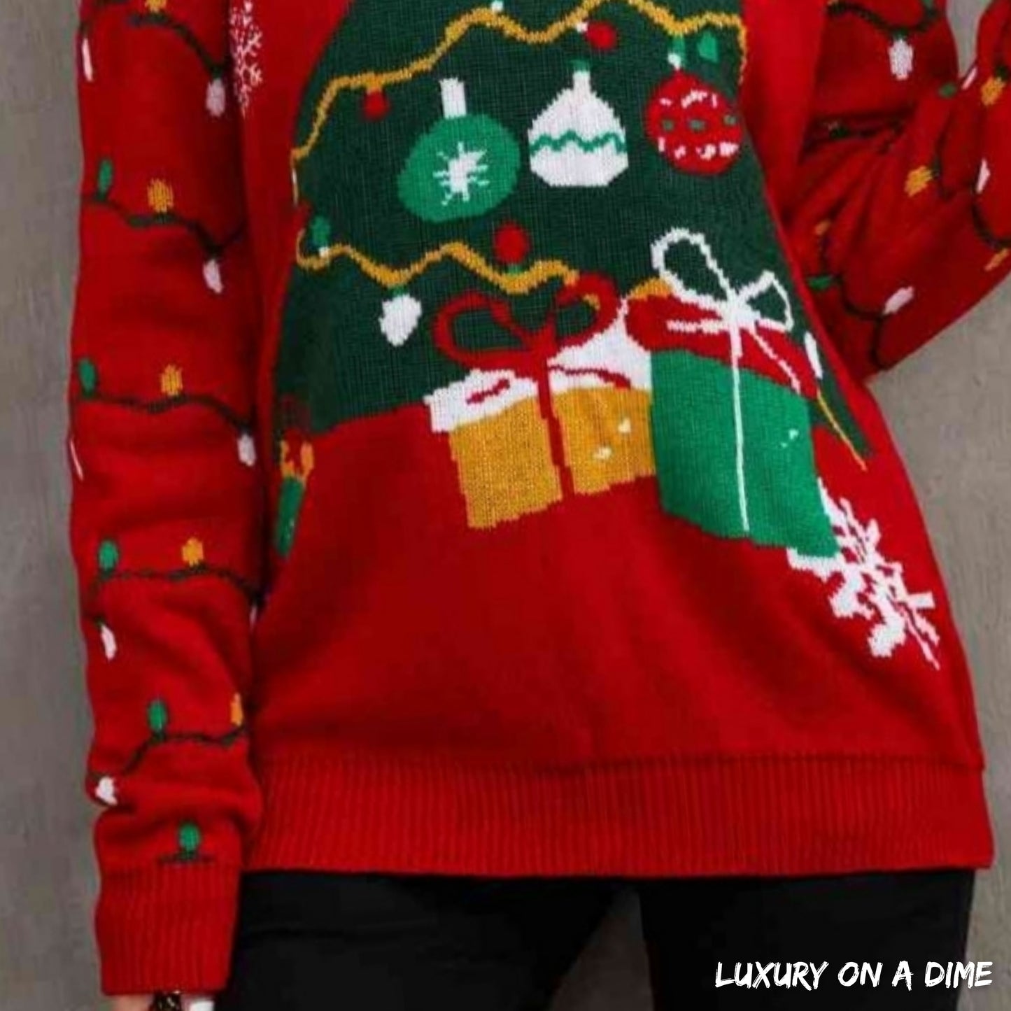 Bold Knit Christmas Tree Lights Round Neck Classy Holiday Winter Sweater