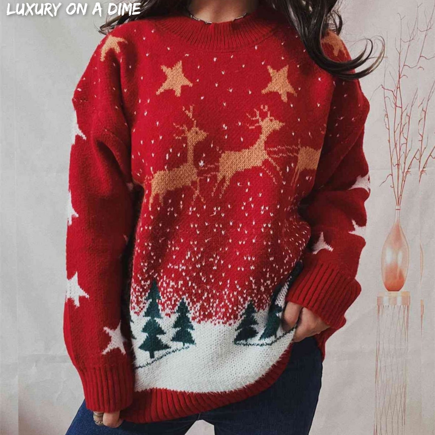 Bold Knit Christmas Santa Reindeer Round Neck Classy Holiday Winter Sweater
