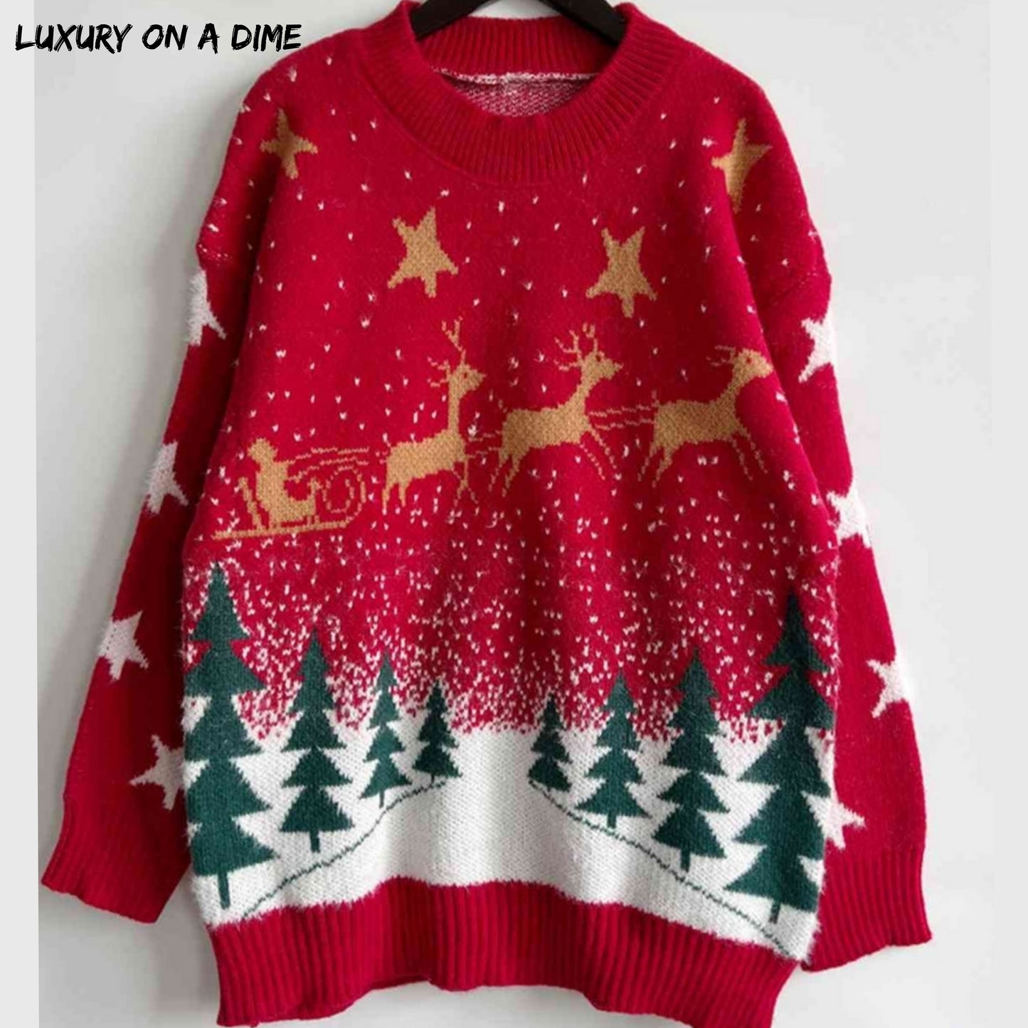 Bold Knit Christmas Santa Reindeer Round Neck Classy Holiday Winter Sweater