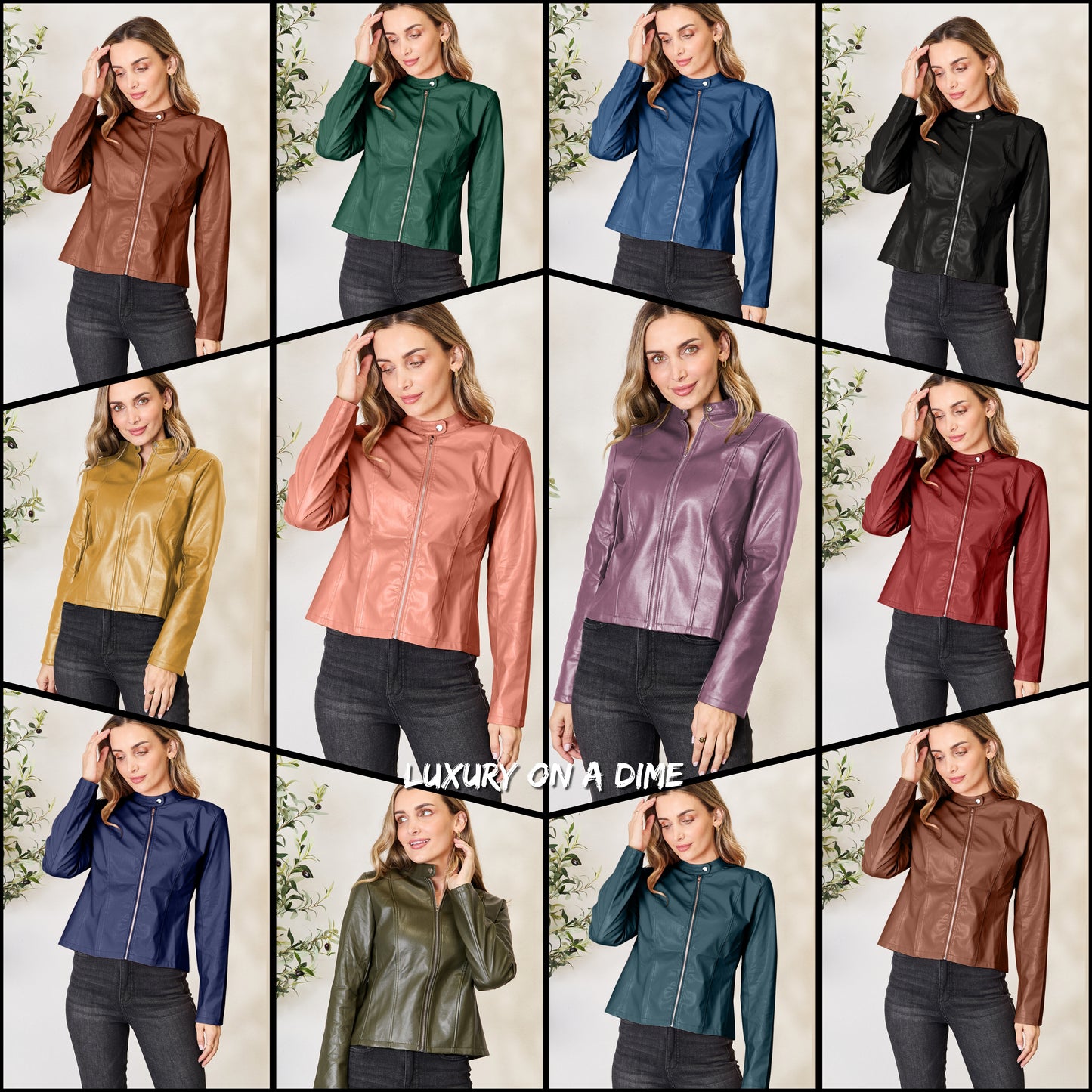 Chic Moto Vegan Leather Jacket Zip-up Sleek Snap Mock Neck