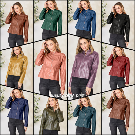 Chic Moto Vegan Leather Jacket Zip-up Sleek Snap Mock Neck