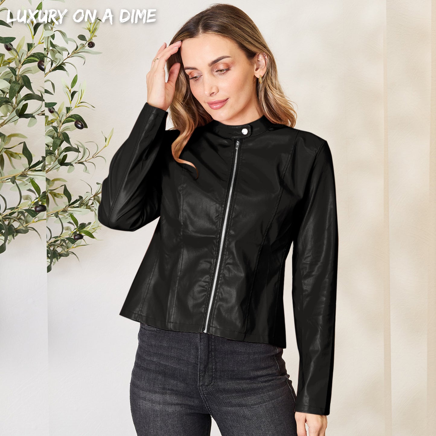 Chic Moto Vegan Leather Jacket Zip-up Sleek Snap Mock Neck
