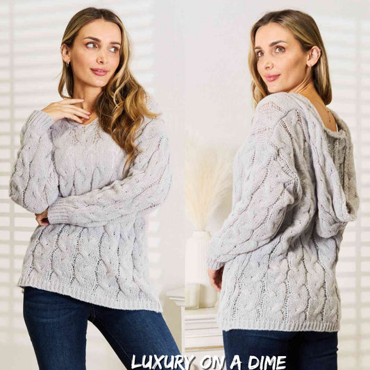Cable-Knit Woven Hoodie Long Sleeve Classic Pullover Lightweight Sweater