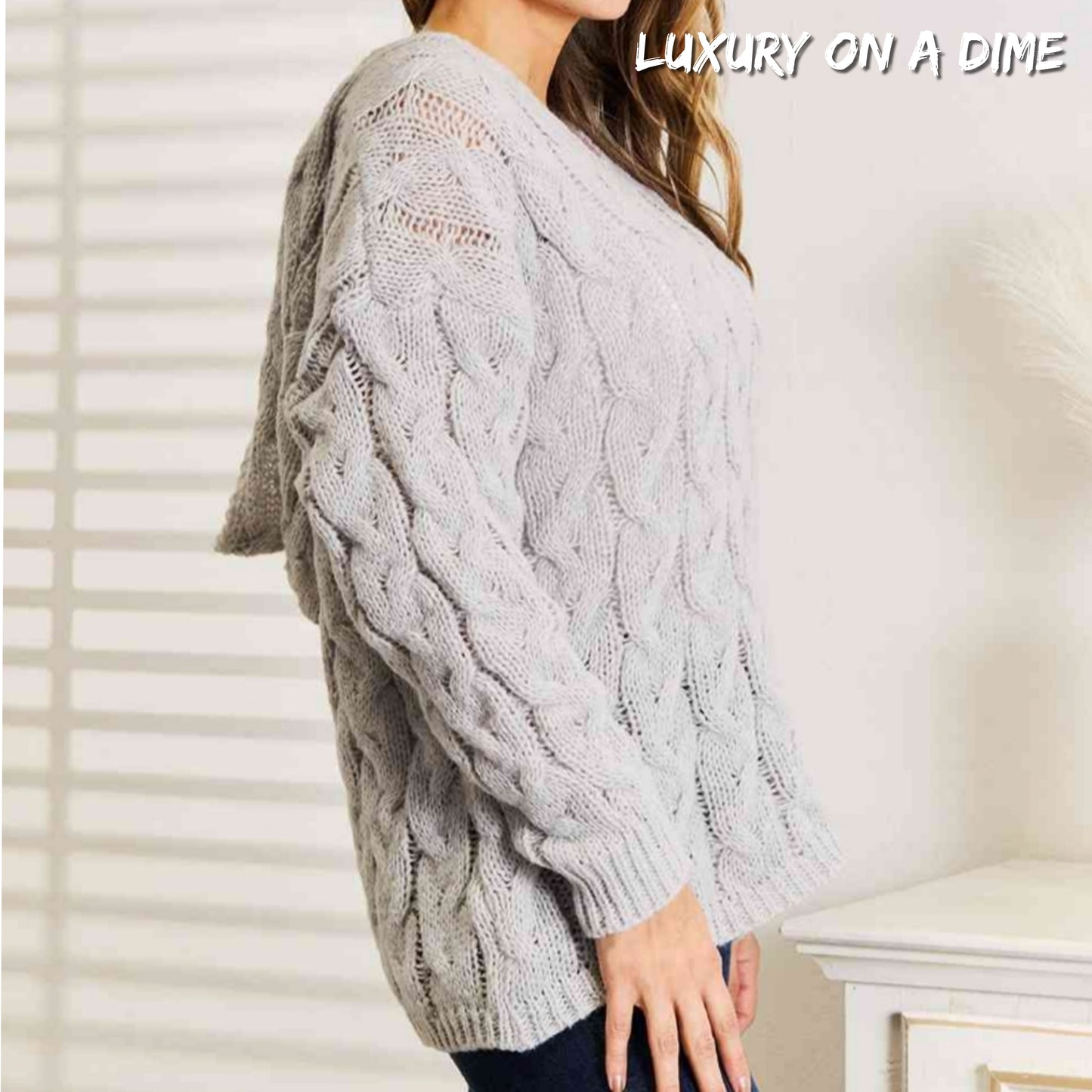 Cable-Knit Woven Hoodie Long Sleeve Classic Pullover Lightweight Sweater