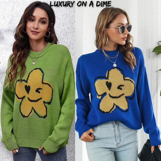 Smiley Face Abstract Flower Bold Color Knit Pullover Long Sleeve Sweater Shirt