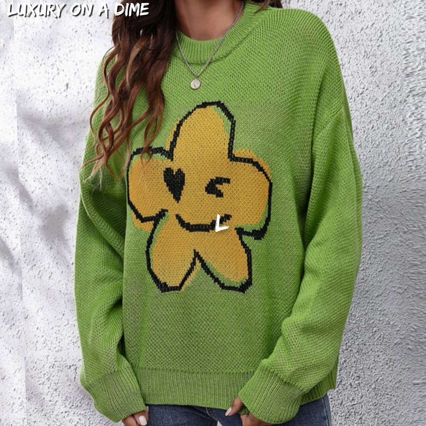 Smiley Face Abstract Flower Bold Color Knit Pullover Long Sleeve Sweater Shirt