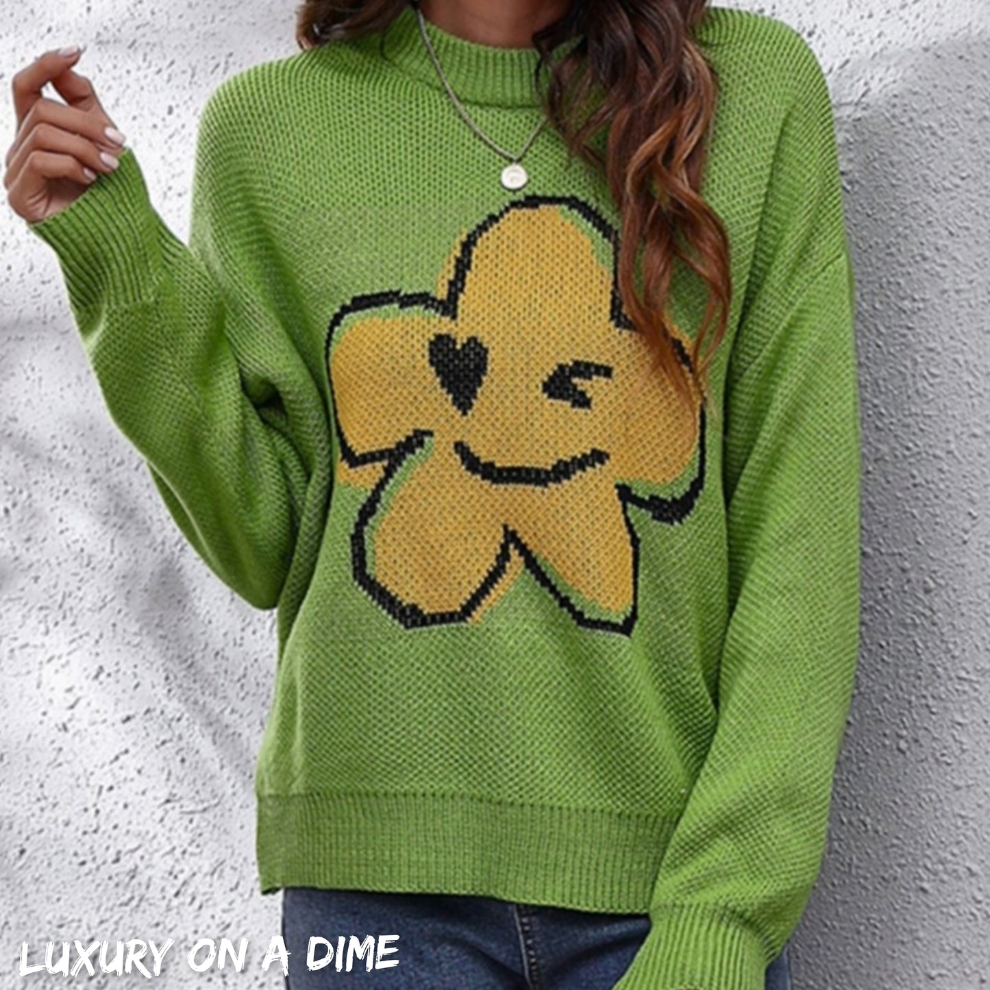 Smiley Face Abstract Flower Bold Color Knit Pullover Long Sleeve Sweater Shirt