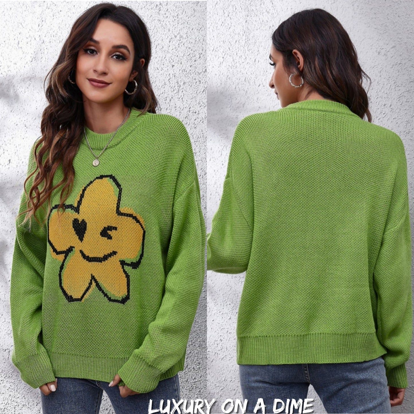 Smiley Face Abstract Flower Bold Color Knit Pullover Long Sleeve Sweater Shirt