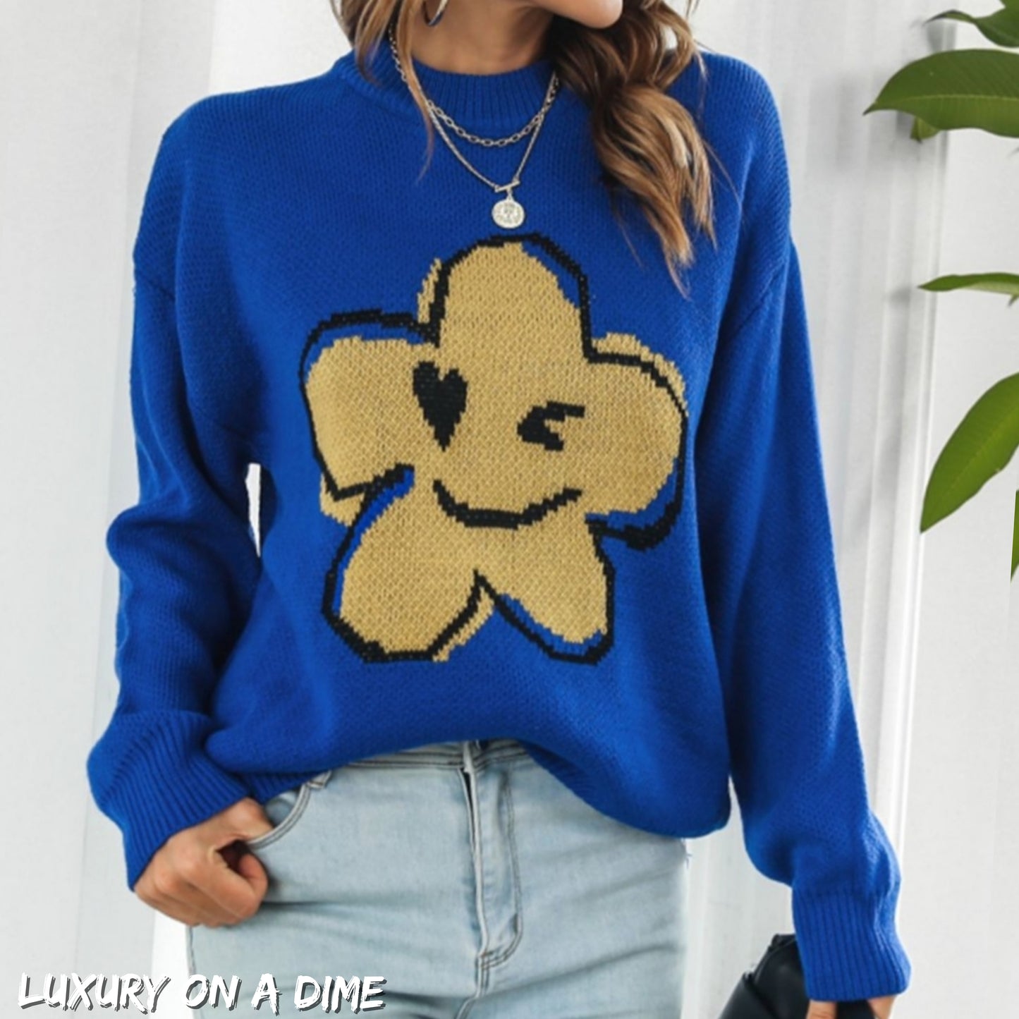 Smiley Face Abstract Flower Bold Color Knit Pullover Long Sleeve Sweater Shirt