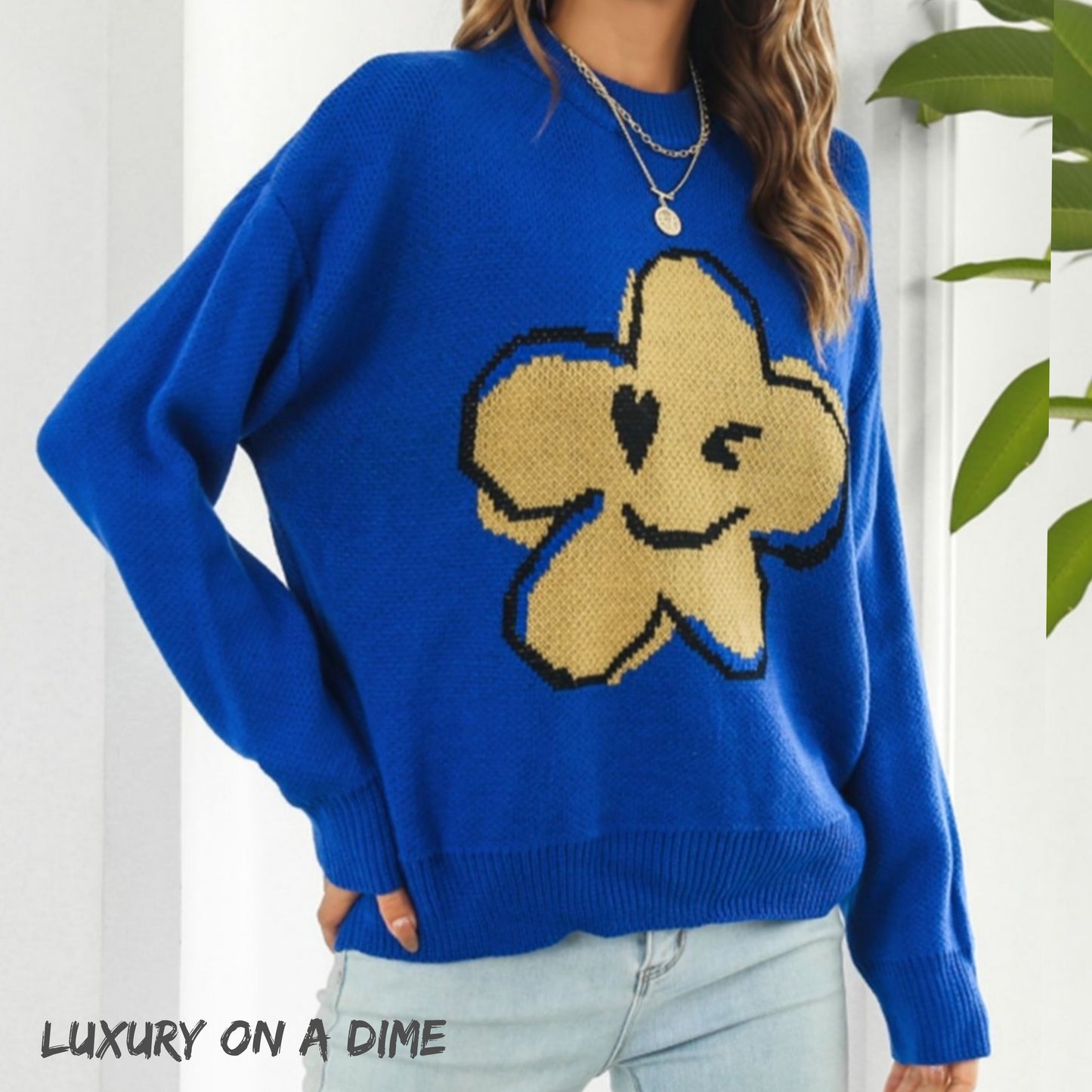 Smiley Face Abstract Flower Bold Color Knit Pullover Long Sleeve Sweater Shirt