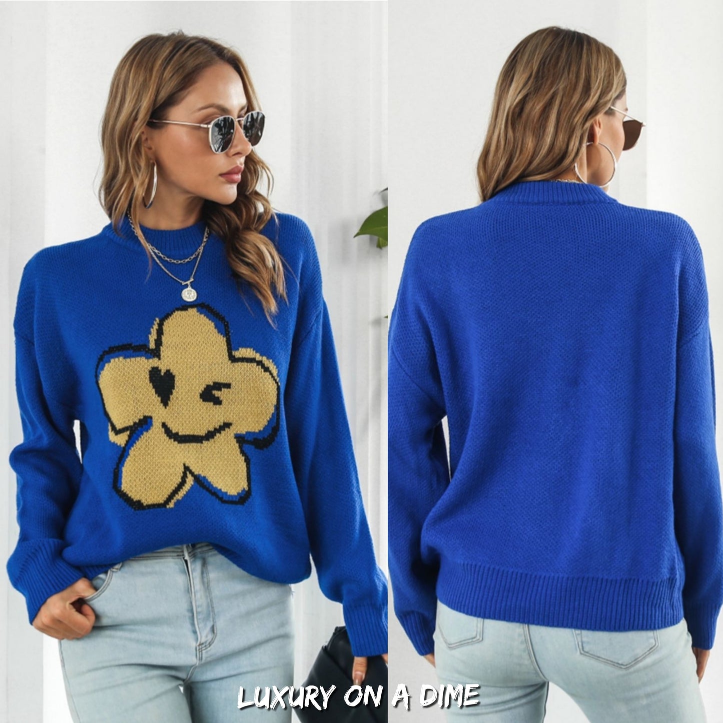 Smiley Face Abstract Flower Bold Color Knit Pullover Long Sleeve Sweater Shirt