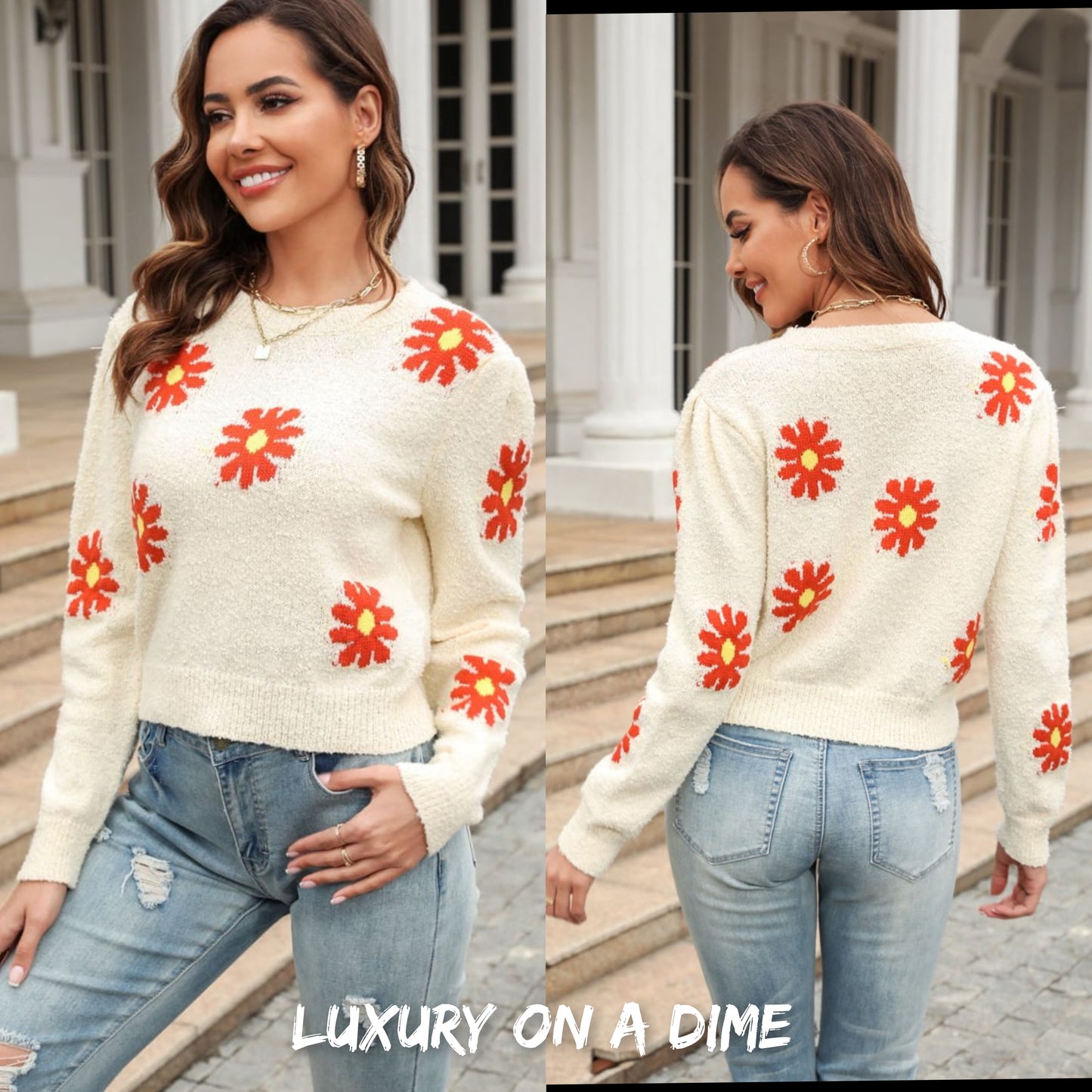 Retro Daisy Soft Knit Flower Long Sleeve Pullover Sweater Shirt