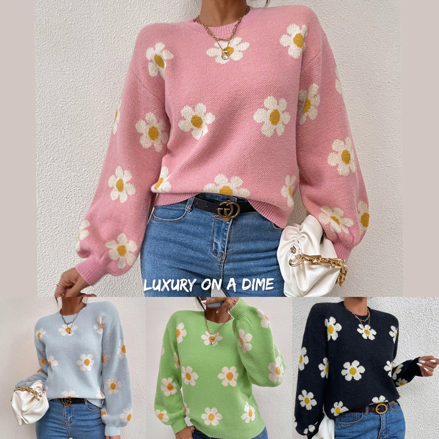 Daisy Retro Flower Knit Pullover Classic Long Lantern Sleeve Sweater Shirt