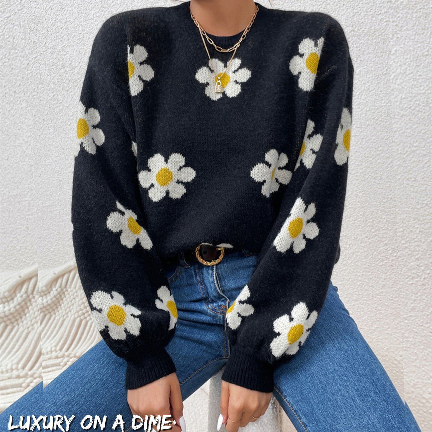 Daisy Retro Flower Knit Pullover Classic Long Lantern Sleeve Sweater Shirt
