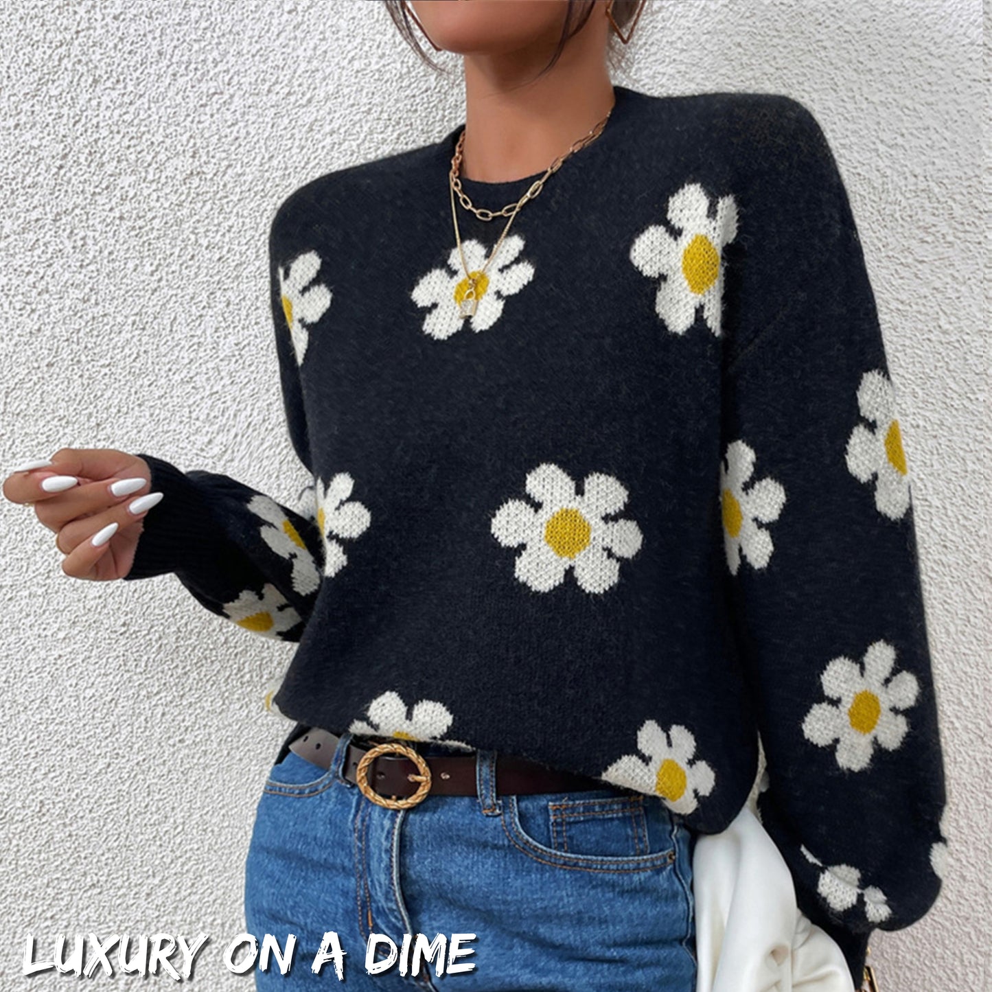 Daisy Retro Flower Knit Pullover Classic Long Lantern Sleeve Sweater Shirt
