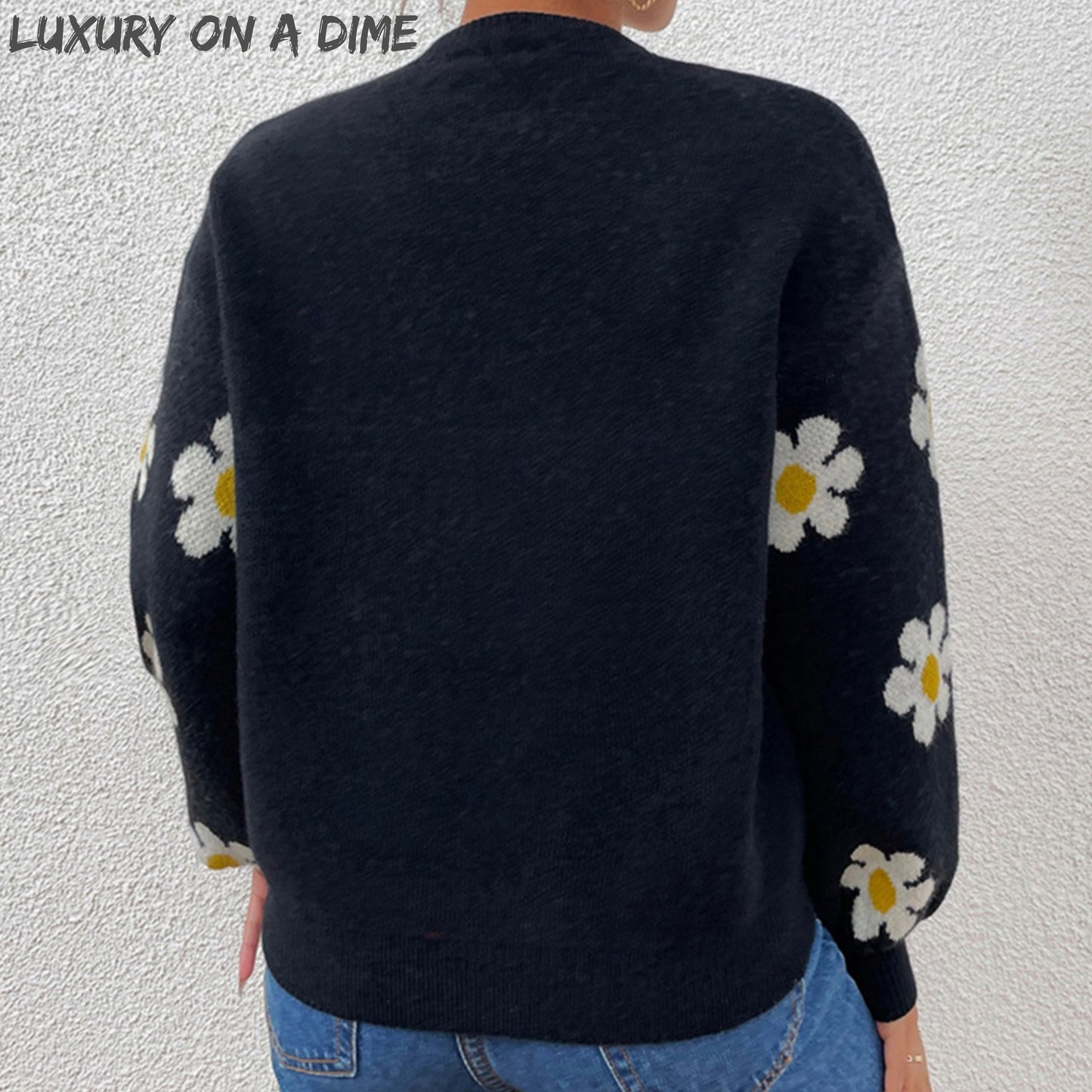 Daisy Retro Flower Knit Pullover Classic Long Lantern Sleeve Sweater Shirt