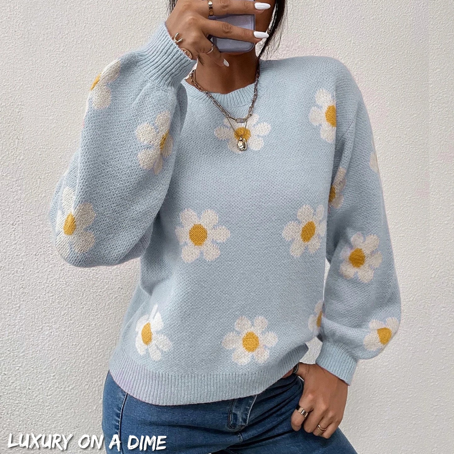 Daisy Retro Flower Knit Pullover Classic Long Lantern Sleeve Sweater Shirt