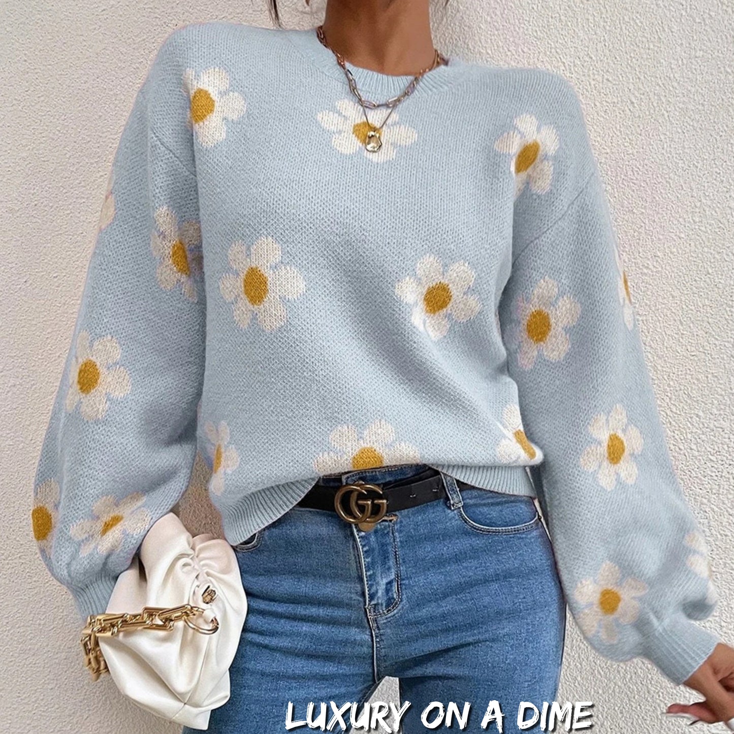 Daisy Retro Flower Knit Pullover Classic Long Lantern Sleeve Sweater Shirt