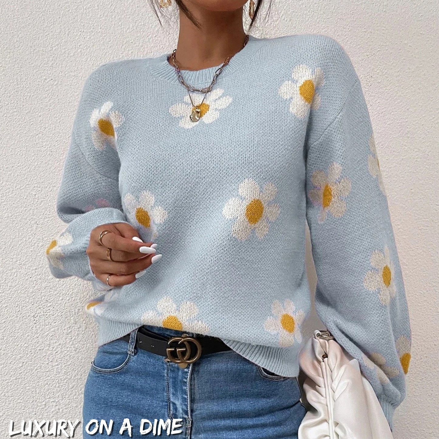Daisy Retro Flower Knit Pullover Classic Long Lantern Sleeve Sweater Shirt