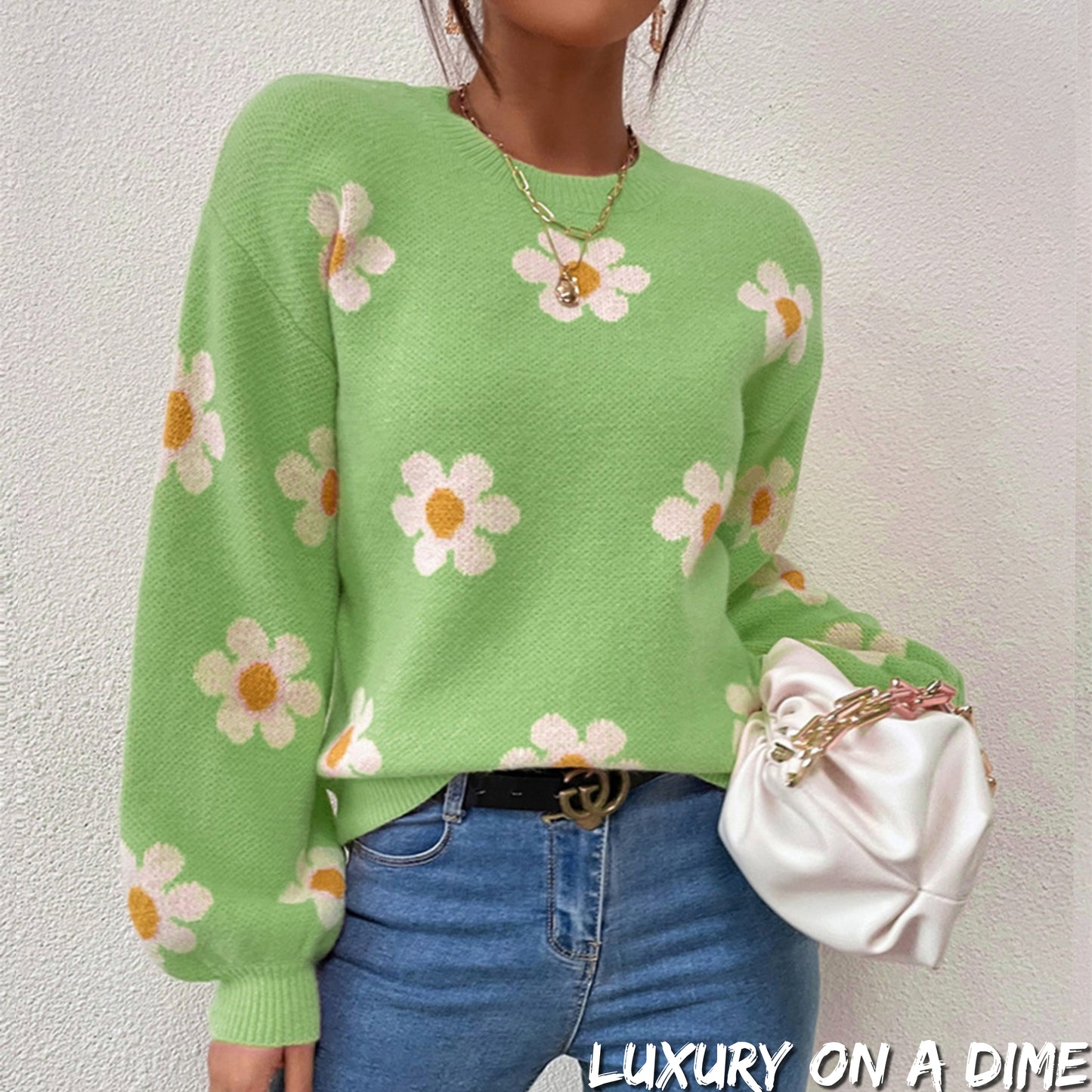 Daisy Retro Flower Knit Pullover Classic Long Lantern Sleeve Sweater Shirt