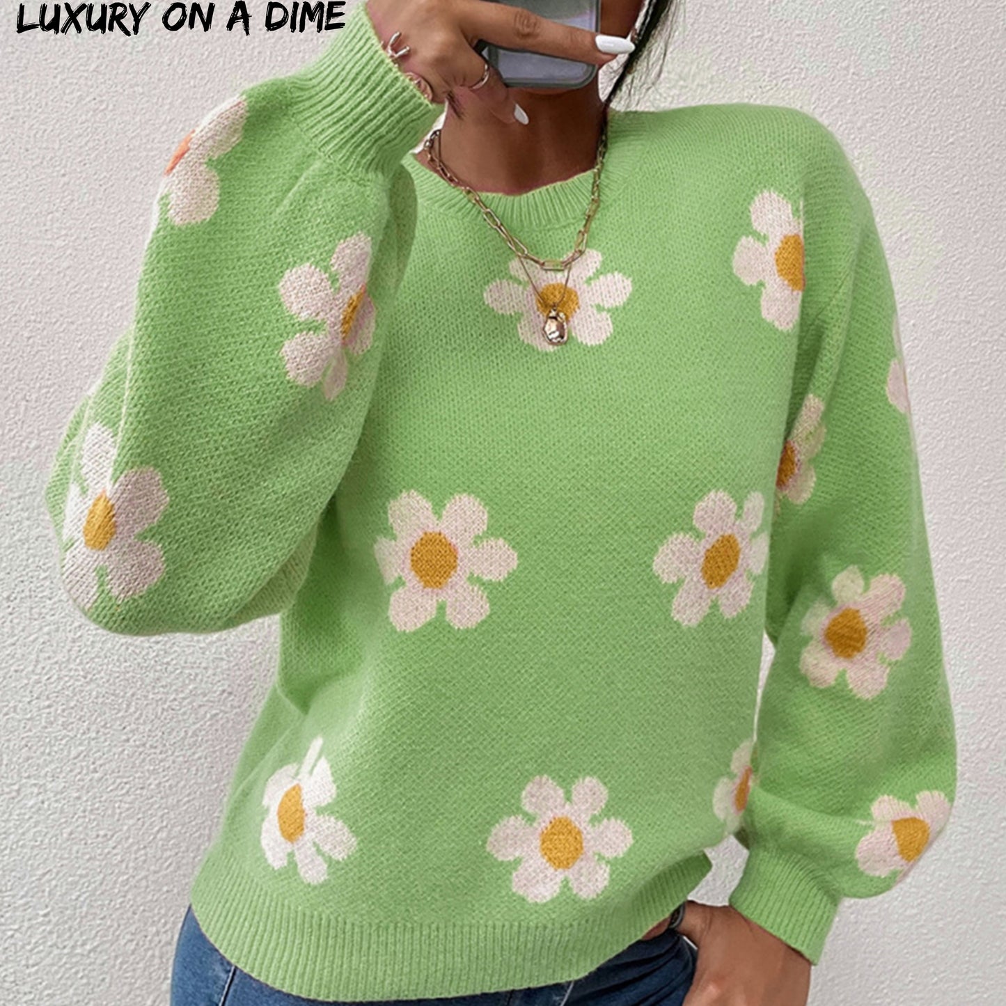 Daisy Retro Flower Knit Pullover Classic Long Lantern Sleeve Sweater Shirt