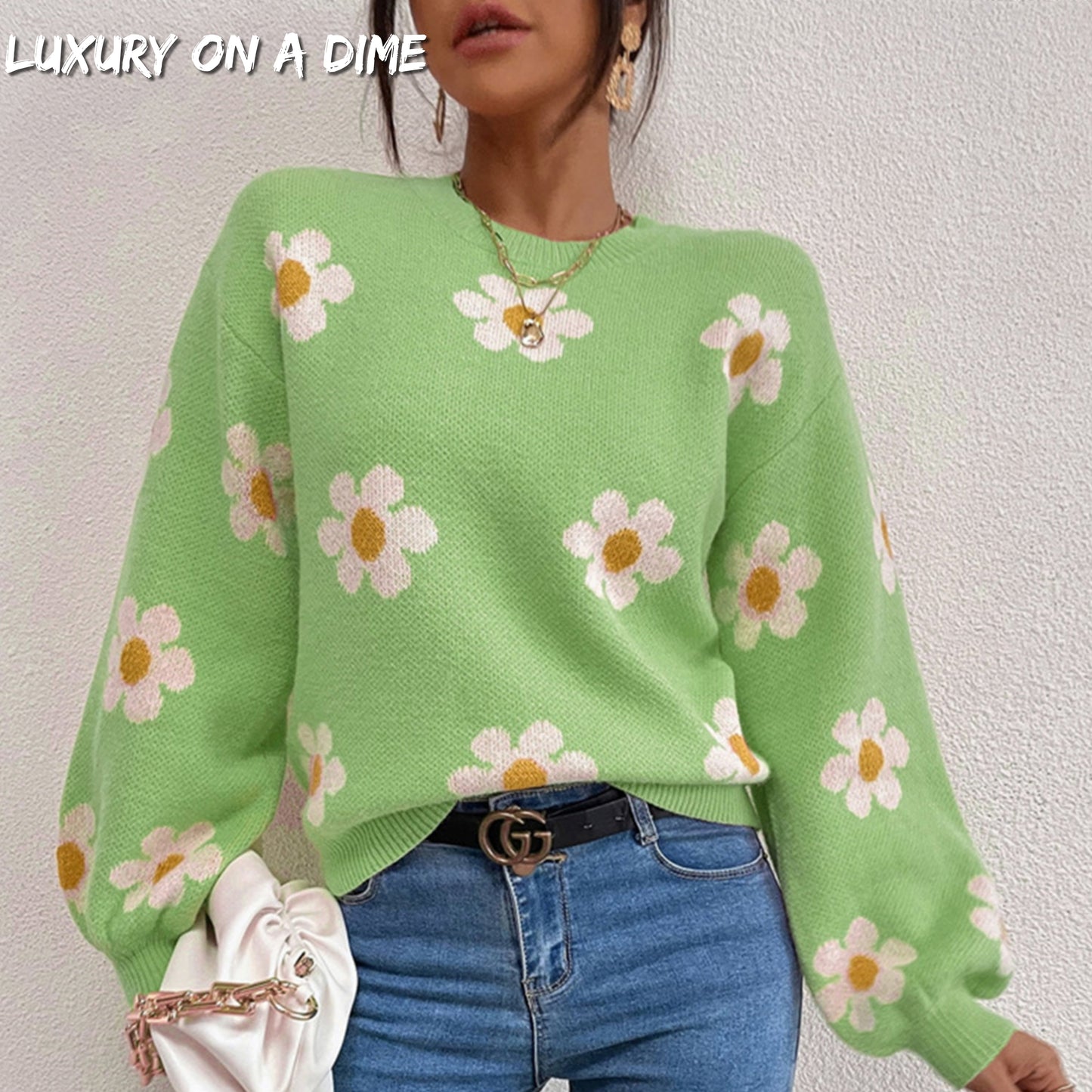 Daisy Retro Flower Knit Pullover Classic Long Lantern Sleeve Sweater Shirt