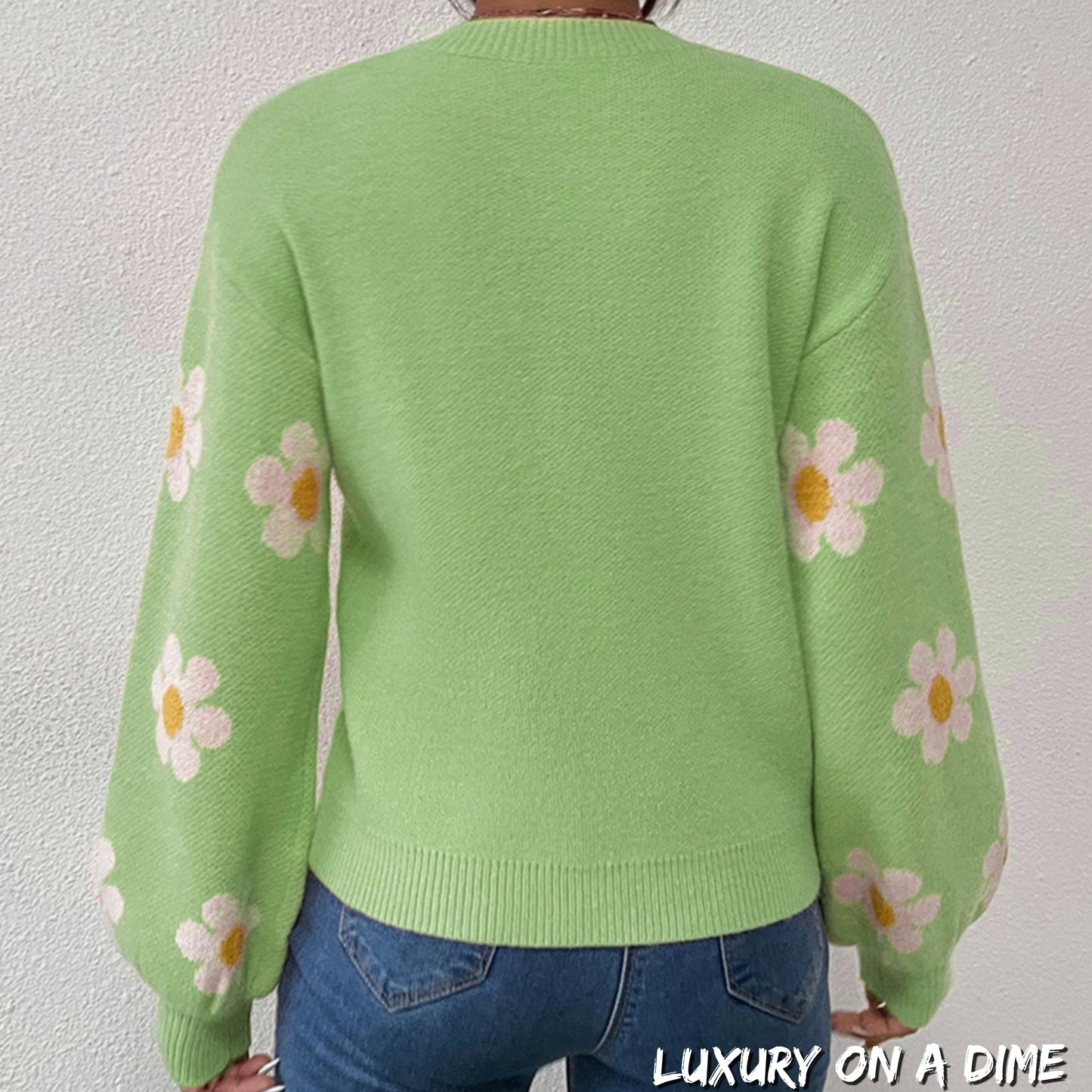 Daisy Retro Flower Knit Pullover Classic Long Lantern Sleeve Sweater Shirt