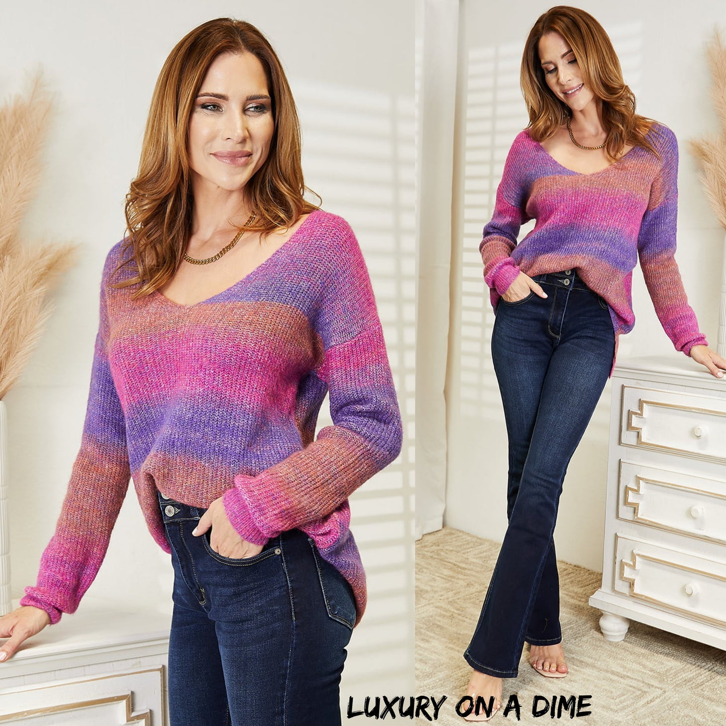 Bright Multicolor Ombre Ribbed Knit Pullover Oversized Split Hem Tunic Sweater Shirt
