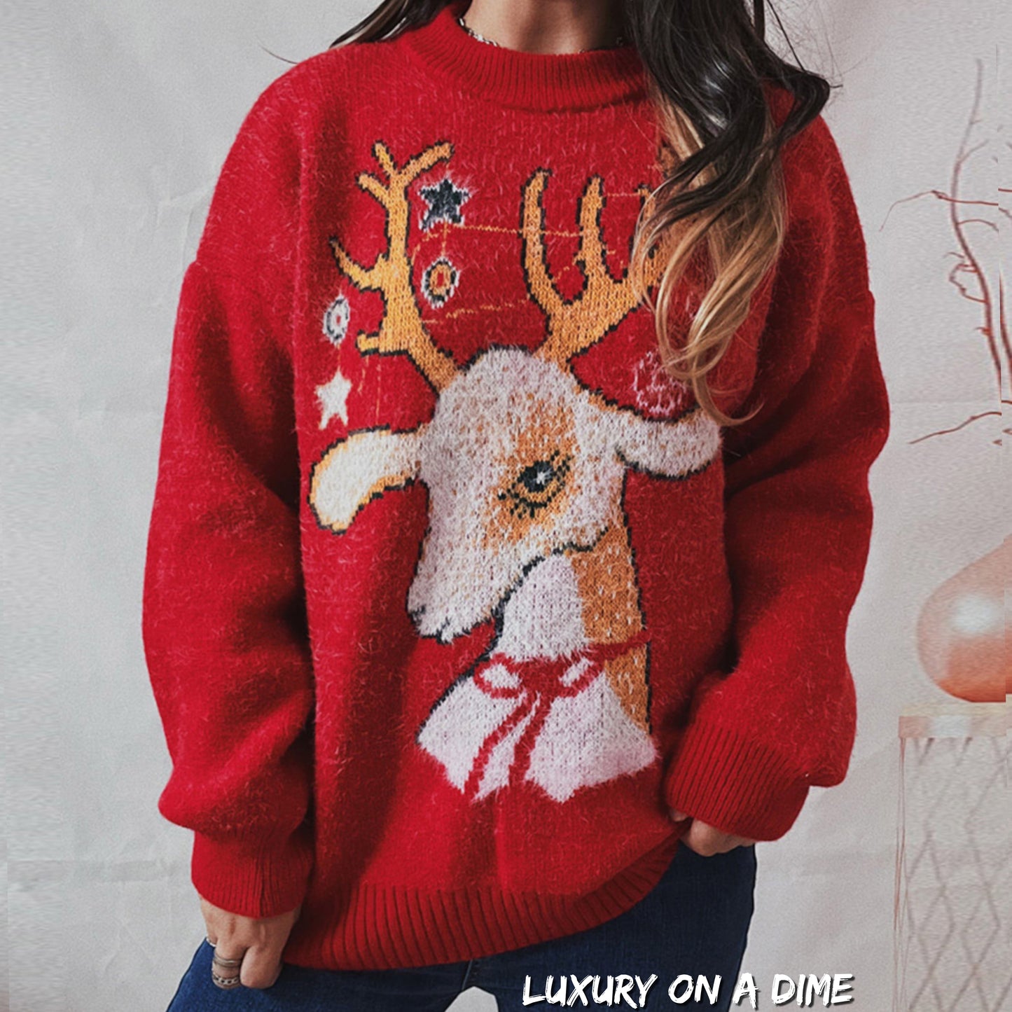 Christmas Reindeer Soft Fuzzy Knit Round Neck Classy Holiday Sweater Top