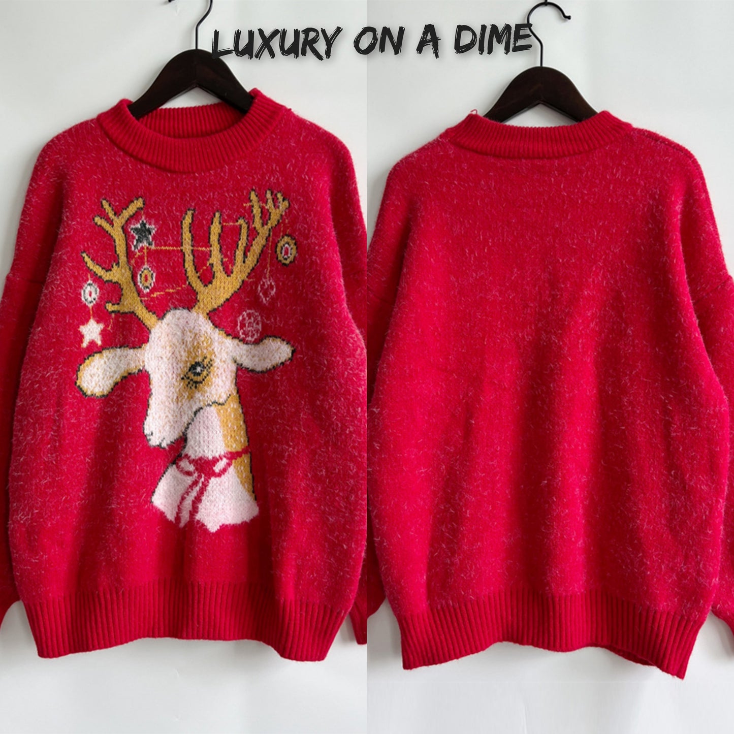 Christmas Reindeer Soft Fuzzy Knit Round Neck Classy Holiday Sweater Top