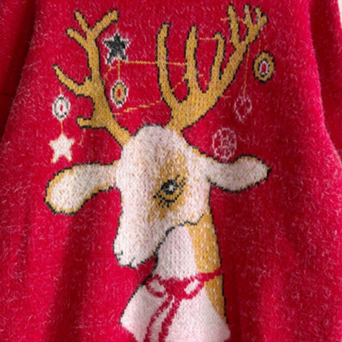 Christmas Reindeer Soft Fuzzy Knit Round Neck Classy Holiday Sweater Top