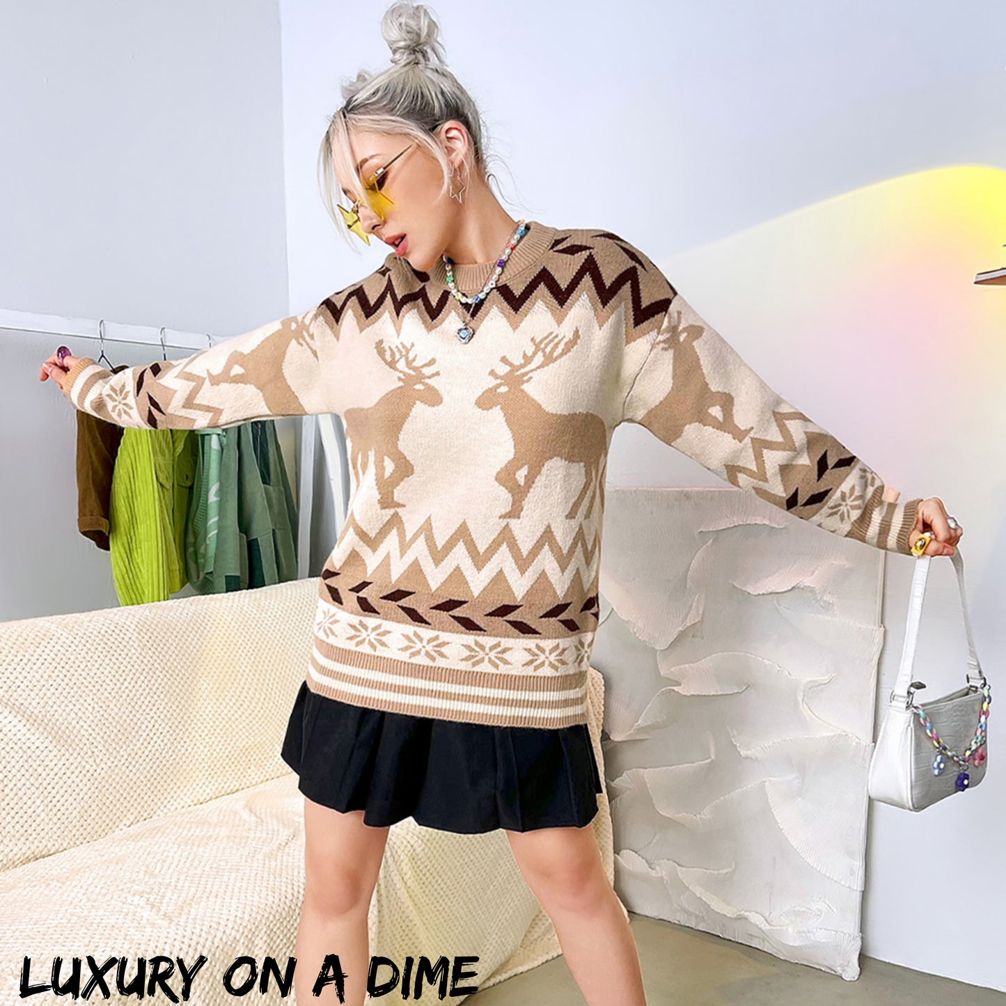 Geometric Reindeer Fair Isle Knit Round Neck Classy Holiday Sweater Top