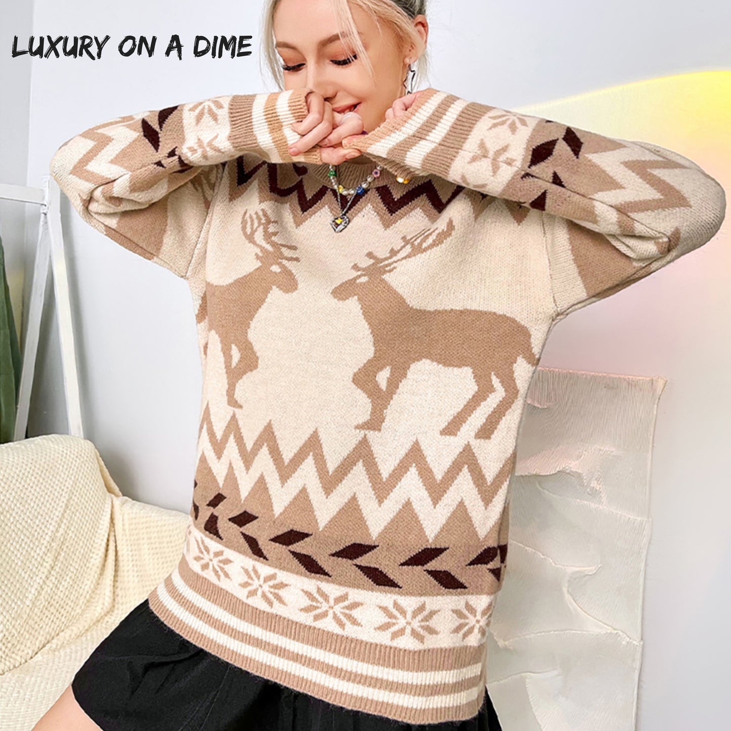 Geometric Reindeer Fair Isle Knit Round Neck Classy Holiday Sweater Top