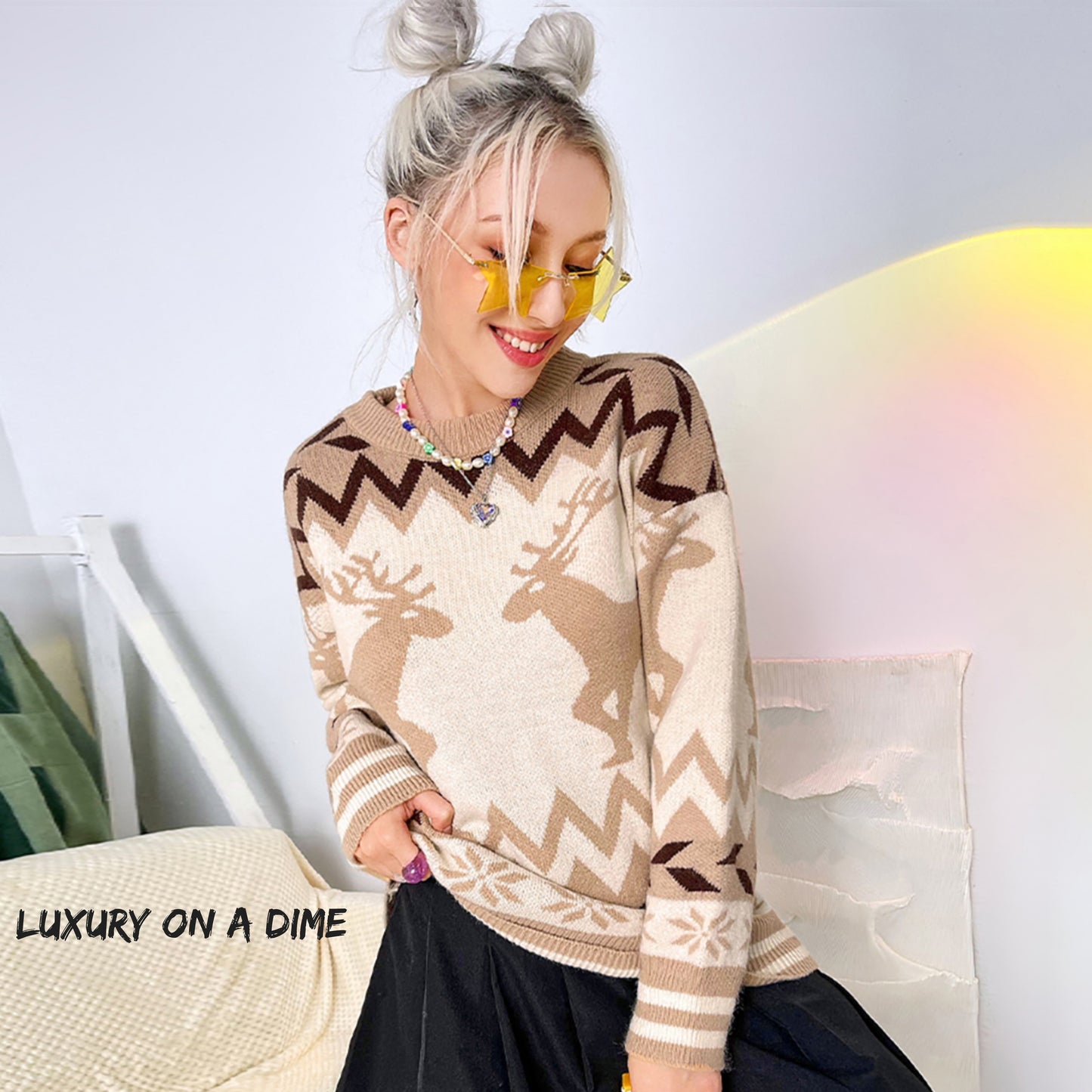 Geometric Reindeer Fair Isle Knit Round Neck Classy Holiday Sweater Top