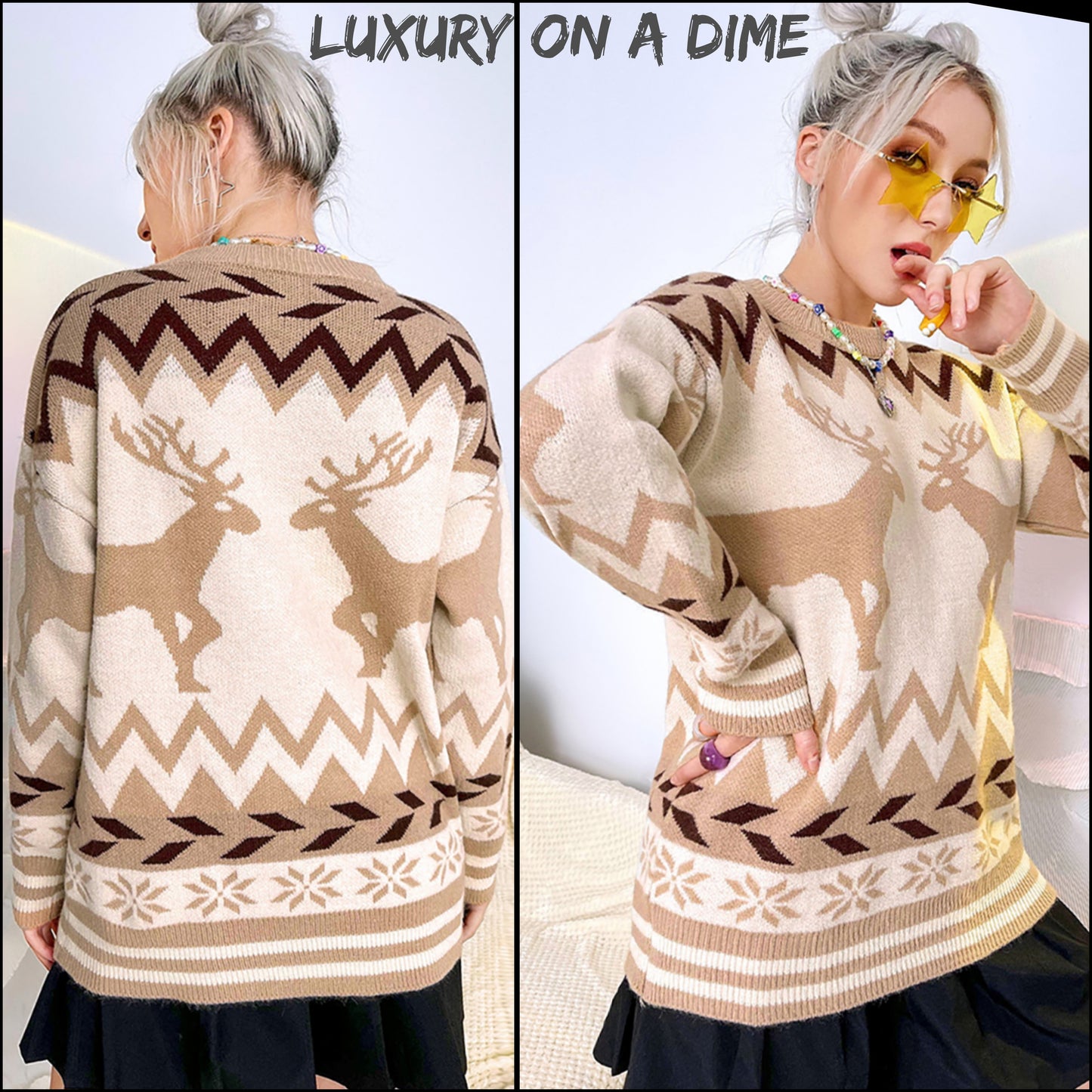 Geometric Reindeer Fair Isle Knit Round Neck Classy Holiday Sweater Top