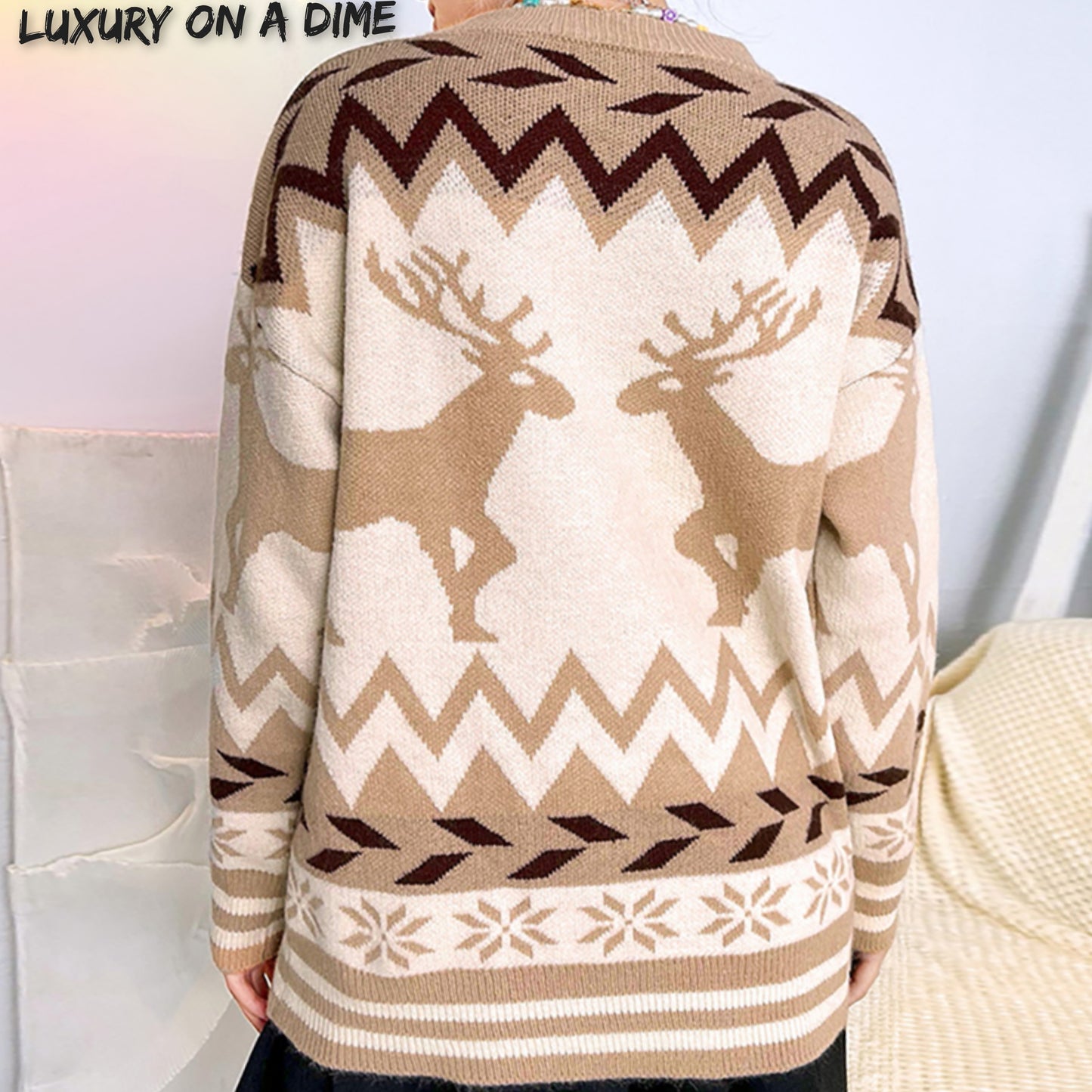 Geometric Reindeer Fair Isle Knit Round Neck Classy Holiday Sweater Top