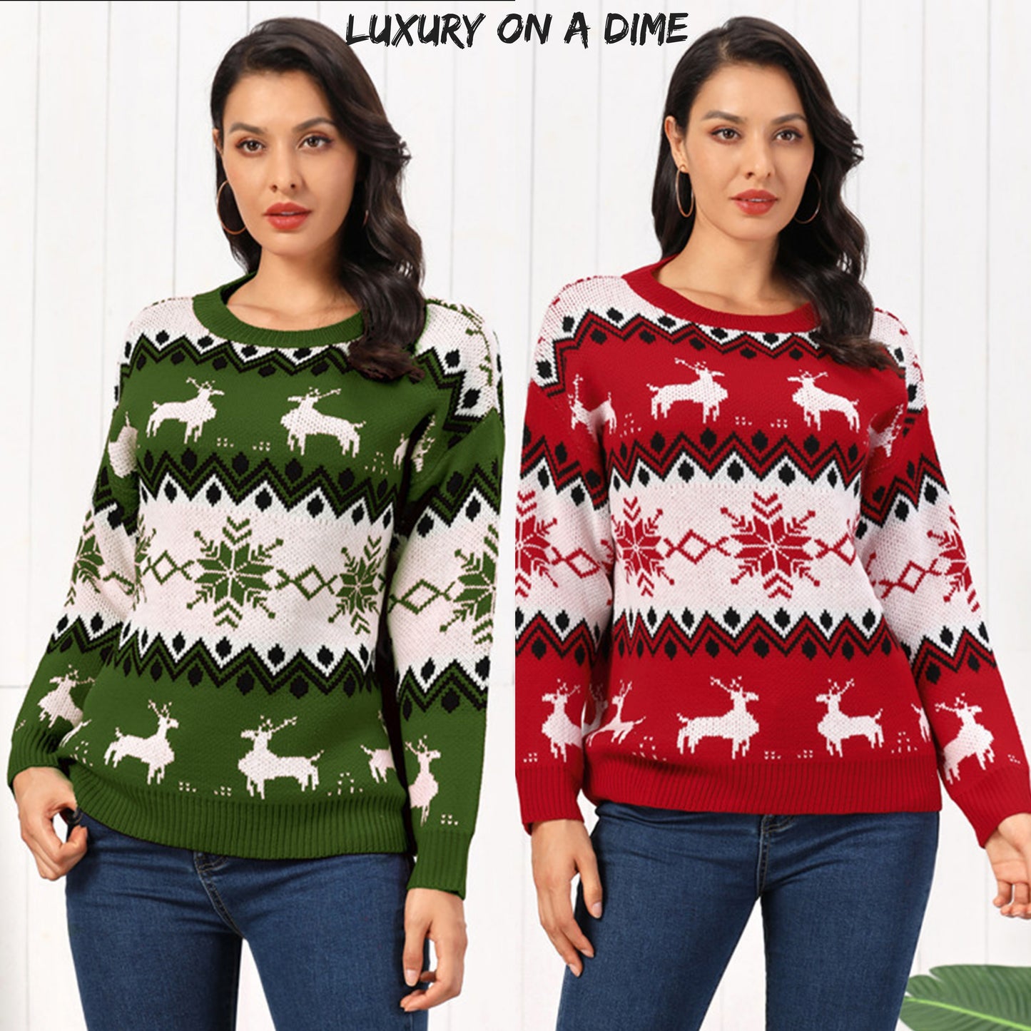 Snowflake Reindeer Fair Isle Knit Round Neck Classy Holiday Sweater Minimalist