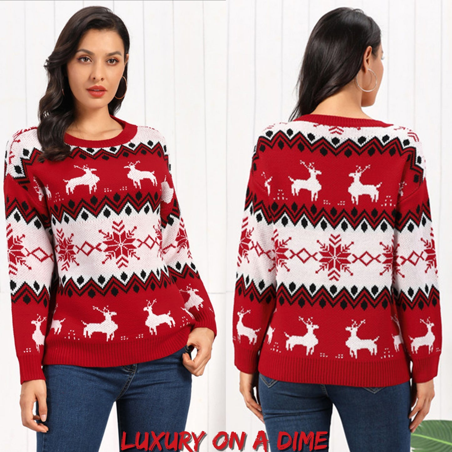 Snowflake Reindeer Fair Isle Knit Round Neck Classy Holiday Sweater Minimalist