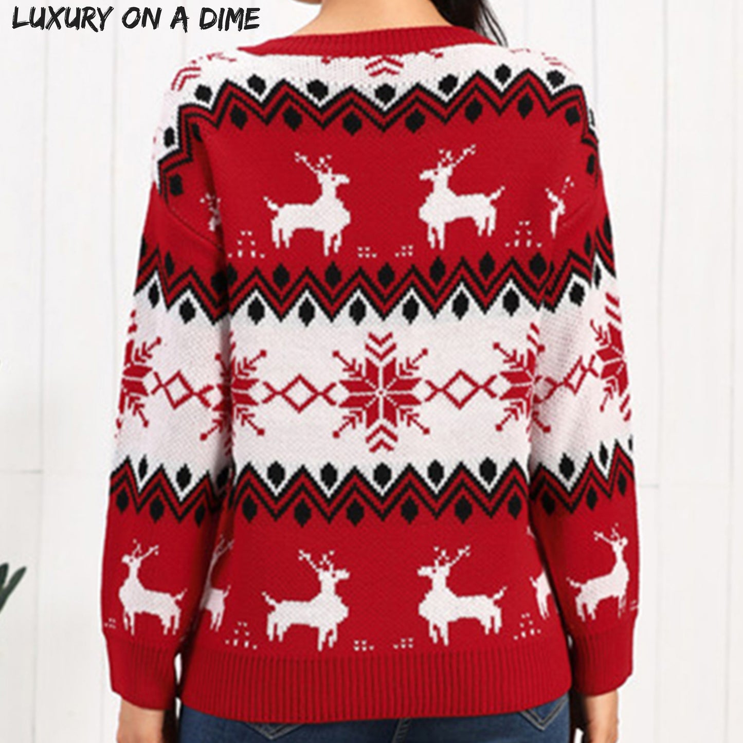Snowflake Reindeer Fair Isle Knit Round Neck Classy Holiday Sweater Minimalist