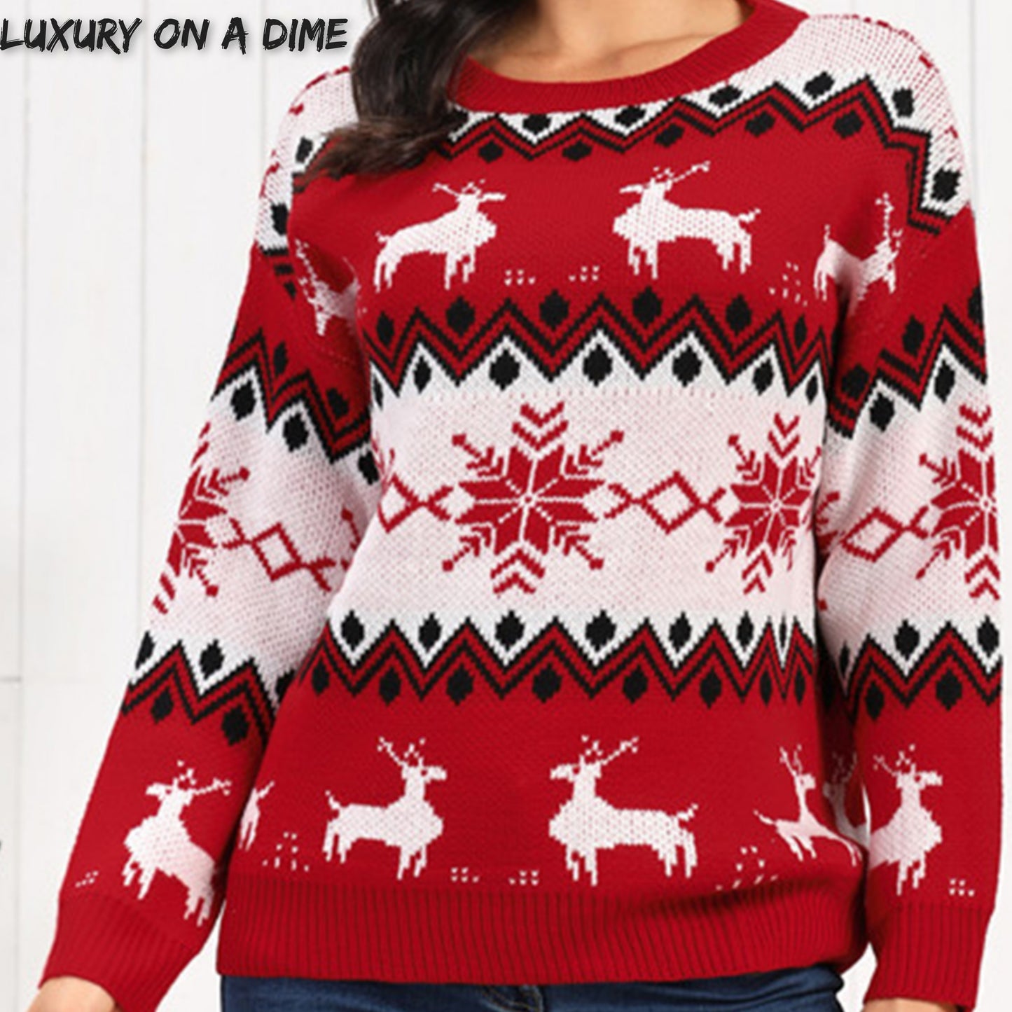 Snowflake Reindeer Fair Isle Knit Round Neck Classy Holiday Sweater Minimalist