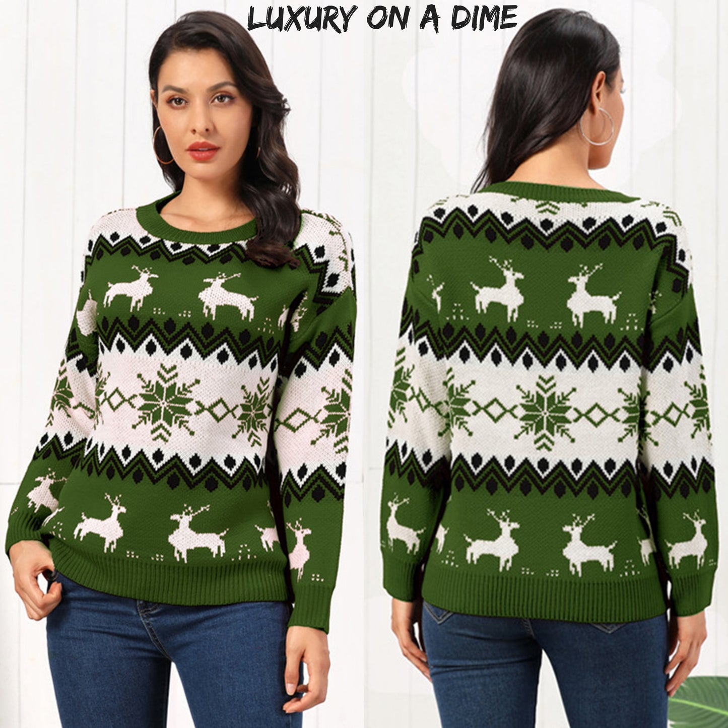 Snowflake Reindeer Fair Isle Knit Round Neck Classy Holiday Sweater Minimalist