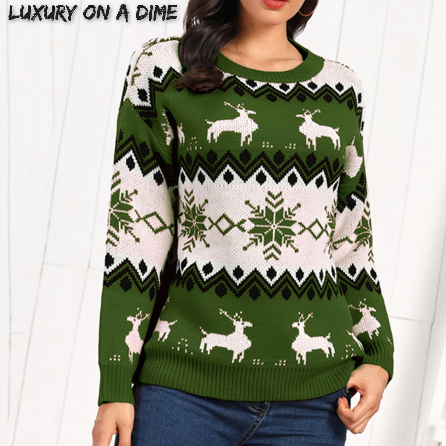 Snowflake Reindeer Fair Isle Knit Round Neck Classy Holiday Sweater Minimalist