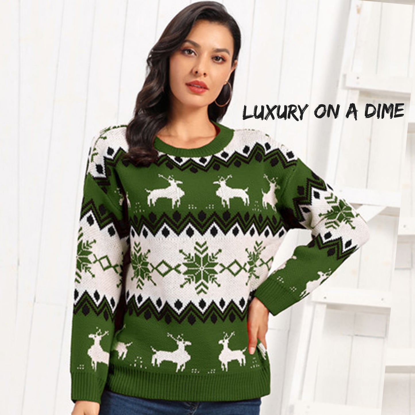 Snowflake Reindeer Fair Isle Knit Round Neck Classy Holiday Sweater Minimalist